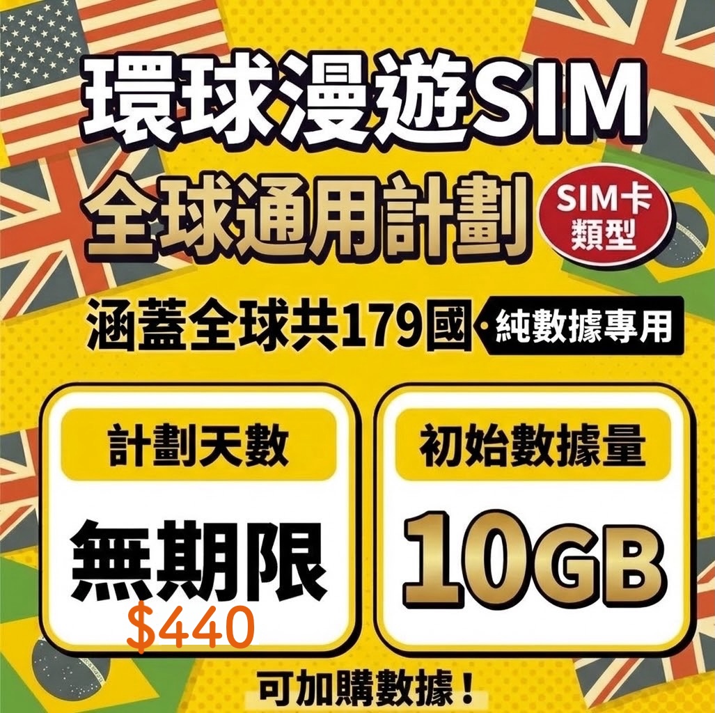 包含國家179地 10GB Sim